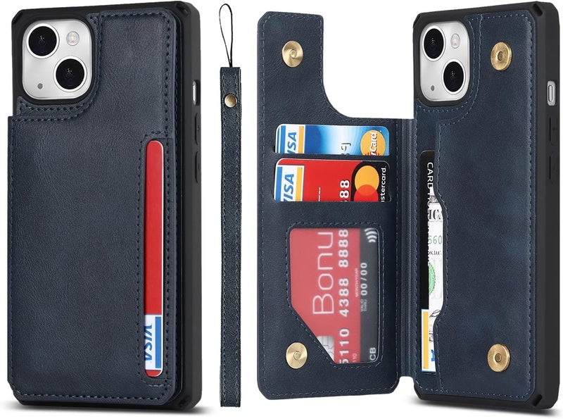 iCoverCase for iPhone 14 Plus Wallet Case with Card Holder, PU Leather Kickstand Magnetic Clasp Flip Shockproof Cover Case with Strap for iPhone 14 Plus - Blue - Image 1