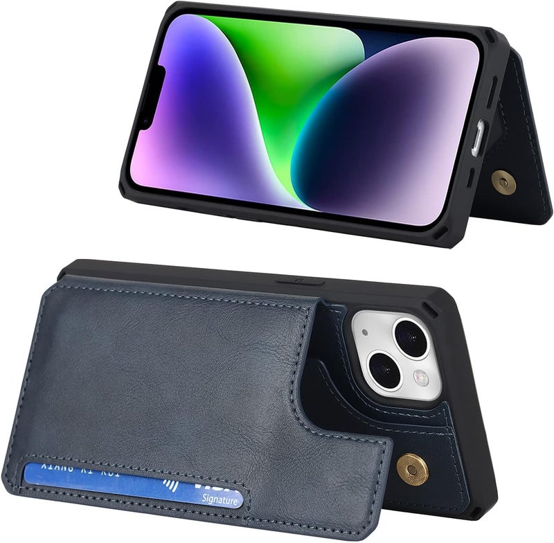iCoverCase for iPhone 14 Plus Wallet Case with Card Holder, PU Leather Kickstand Magnetic Clasp Flip Shockproof Cover Case with Strap for iPhone 14 Plus - Blue - Image 3