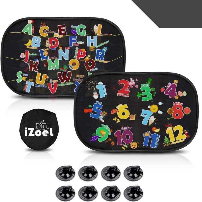 iZoeL حاجب الشمس للسيارة iZoeL للأطفال 2 عبوة لاصق ثابت لنوافذ السيارة 80GSM حاجبات شمسية خلفية عالمية مع 8 أكواب شفط وحقيبة تخزين - حماية من وهج الشمس وأشعة UV (ABC+123) - Image 1