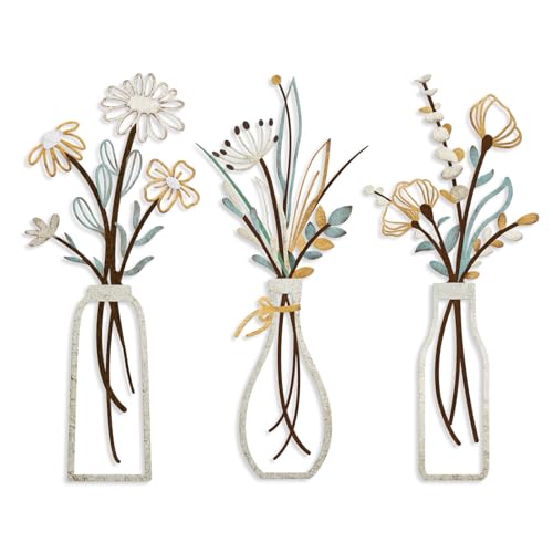 Pigort 3 Pieces Metal Flowers Wall Arts - Rustic Farmhouse Decor Beige Minimalist Flower Wall Decors for Living room Bathroom Bedroom Dining Room-Housewarming Gifts (Beige, Vase-C) - Image 1
