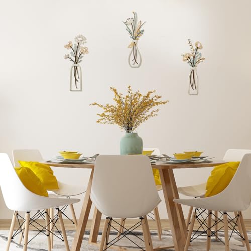 Pigort 3 Pieces Metal Flowers Wall Arts - Rustic Farmhouse Decor Beige Minimalist Flower Wall Decors for Living room Bathroom Bedroom Dining Room-Housewarming Gifts (Beige, Vase-C) - Image 3