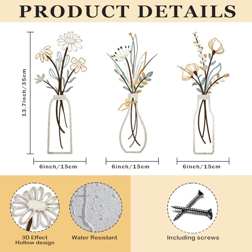 Pigort 3 Pieces Metal Flowers Wall Arts - Rustic Farmhouse Decor Beige Minimalist Flower Wall Decors for Living room Bathroom Bedroom Dining Room-Housewarming Gifts (Beige, Vase-C) - Image 2