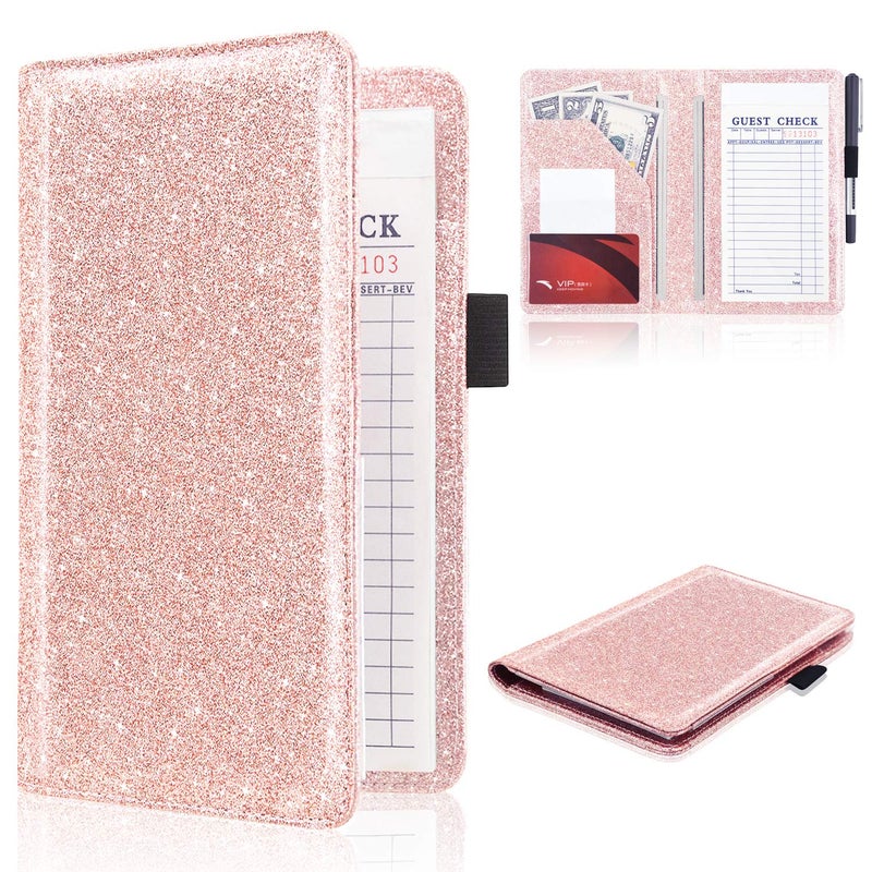 ACdream Server Books for Waitress, Guest Book Note Pad, Cute Pocket Leather Money Organizer Wallet, Cash Check Bill Receipt Holder Presenter, Waiter Accessories Fit Server Apron- Glitter Rose - Image 1