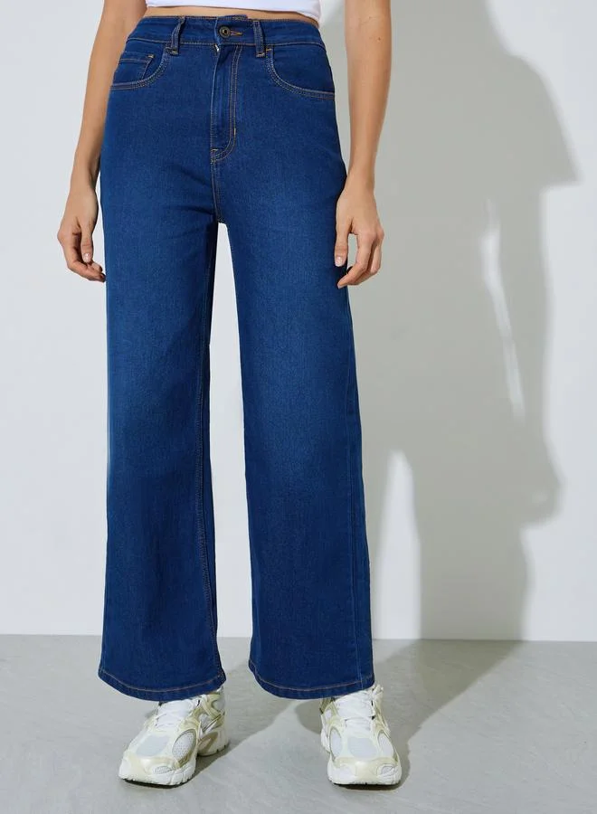 ستايلي Dark Blue Super Stretch Twill Cotton Wide Leg Jeans