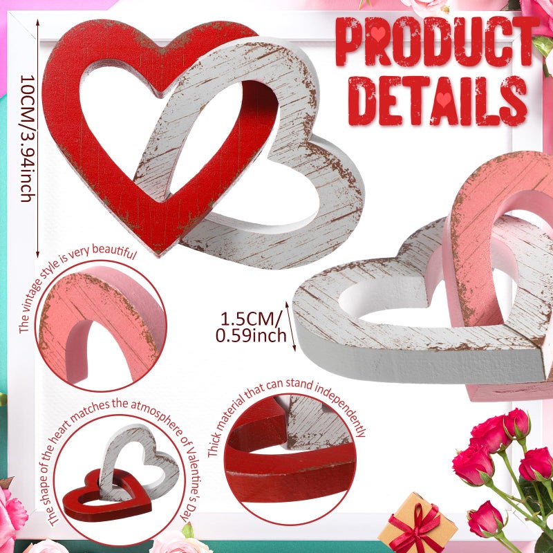 Yousoontic 2 Pcs Valentines Day Decorations Wooden Heart Table Decorations Vintage Valentines Day Gift Sign Farmhouse Home Kitchen Tiered Tray Decor for Mantel Office Bedroom(Cute,Red, Pink, White) - Image 2