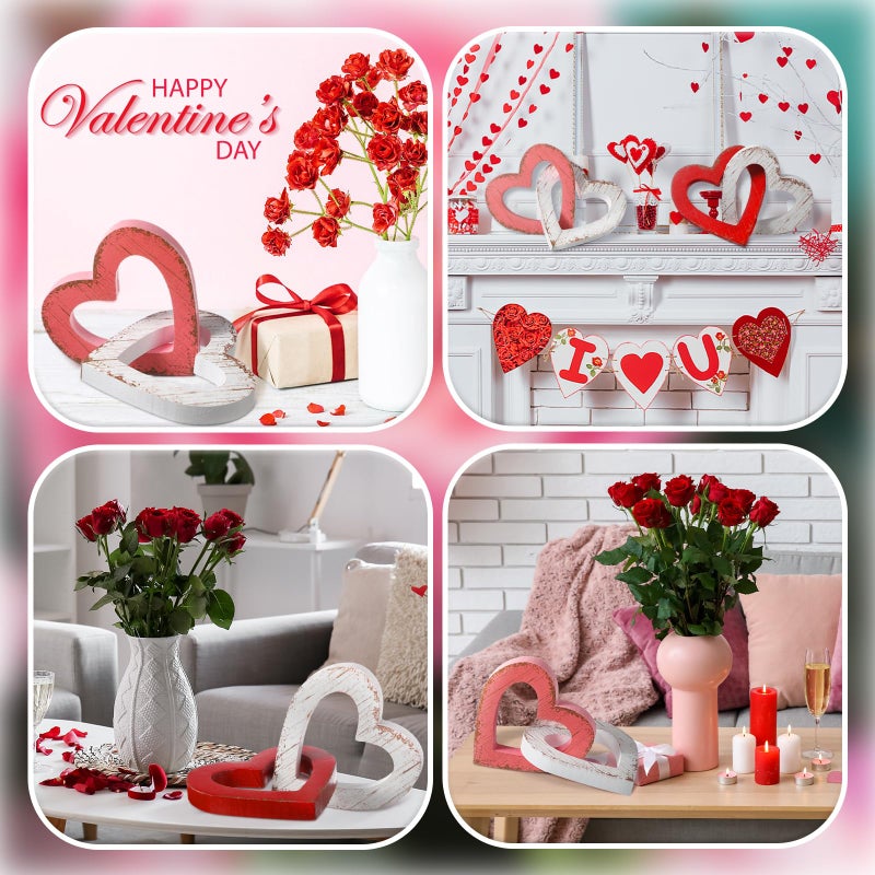 Yousoontic 2 Pcs Valentines Day Decorations Wooden Heart Table Decorations Vintage Valentines Day Gift Sign Farmhouse Home Kitchen Tiered Tray Decor for Mantel Office Bedroom(Cute,Red, Pink, White) - Image 5