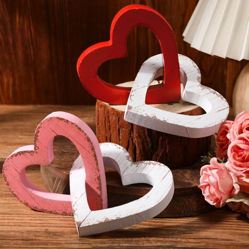 Yousoontic 2 Pcs Valentines Day Decorations Wooden Heart Table Decorations Vintage Valentines Day Gift Sign Farmhouse Home Kitchen Tiered Tray Decor for Mantel Office Bedroom(Cute,Red, Pink, White) - Image 1