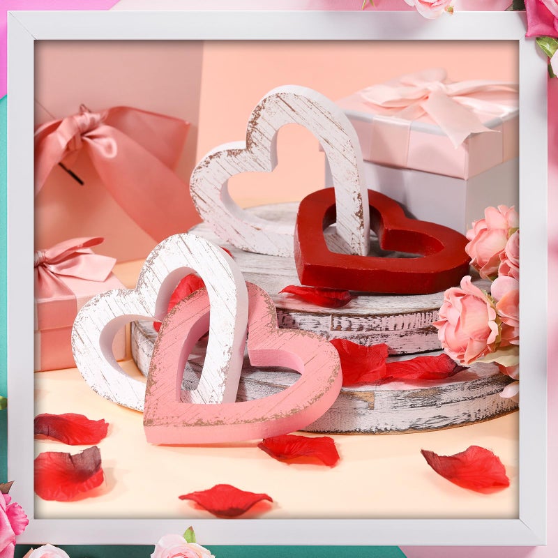 Yousoontic 2 Pcs Valentines Day Decorations Wooden Heart Table Decorations Vintage Valentines Day Gift Sign Farmhouse Home Kitchen Tiered Tray Decor for Mantel Office Bedroom(Cute,Red, Pink, White) - Image 3
