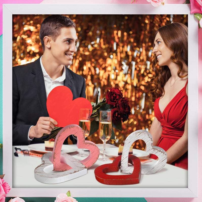 Yousoontic 2 Pcs Valentines Day Decorations Wooden Heart Table Decorations Vintage Valentines Day Gift Sign Farmhouse Home Kitchen Tiered Tray Decor for Mantel Office Bedroom(Cute,Red, Pink, White) - Image 4