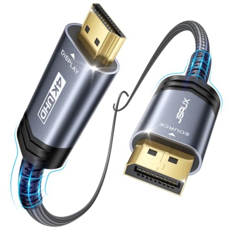 كابل DisplayPort إلى HDMI 4K بطول 2 متر للكمبيوتر للشاشة: مطلي بالذهب، مجدول، غلاف من الألومنيوم، يدعم 2K@120 هرتز 4K@30 هرتز أحادي الاتجاه - Image 1