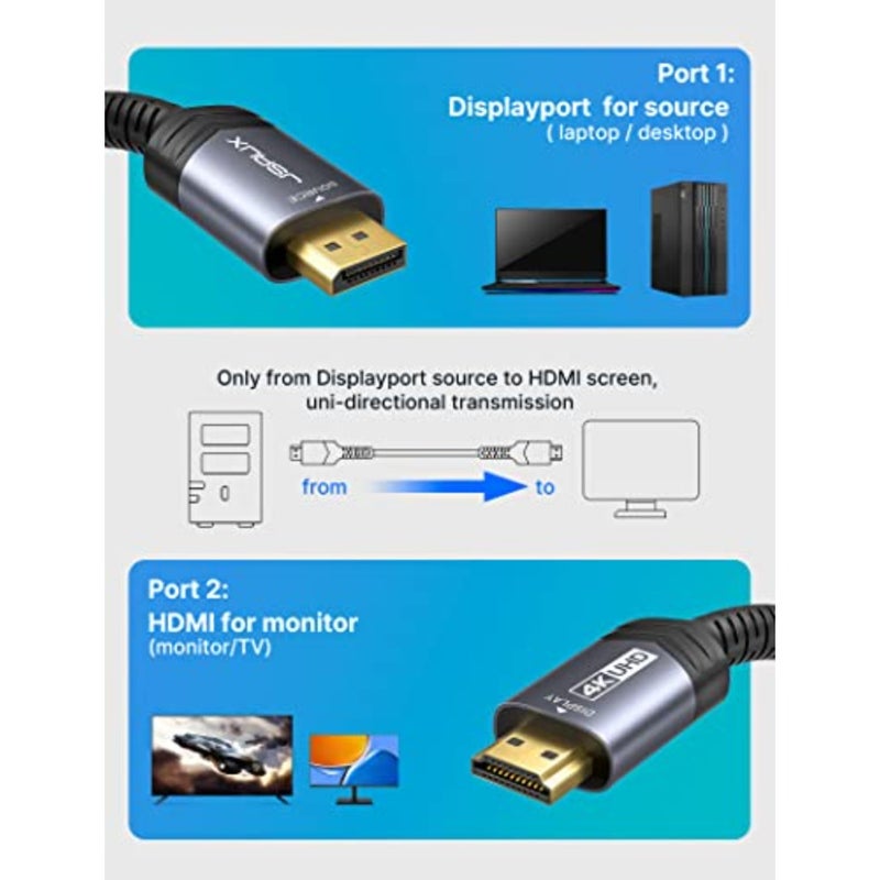 كابل DisplayPort إلى HDMI 4K بطول 2 متر للكمبيوتر للشاشة: مطلي بالذهب، مجدول، غلاف من الألومنيوم، يدعم 2K@120 هرتز 4K@30 هرتز أحادي الاتجاه - Image 3