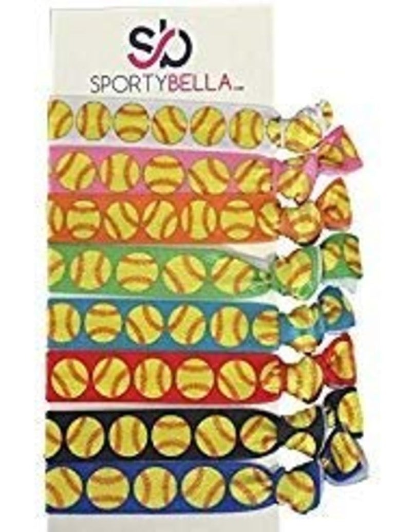 Infinity Collection MultiColored No Crease Hair Elastics with Softball Bat Design for Girls Ponytails Softball Gift for Players by SPORTYBELLA