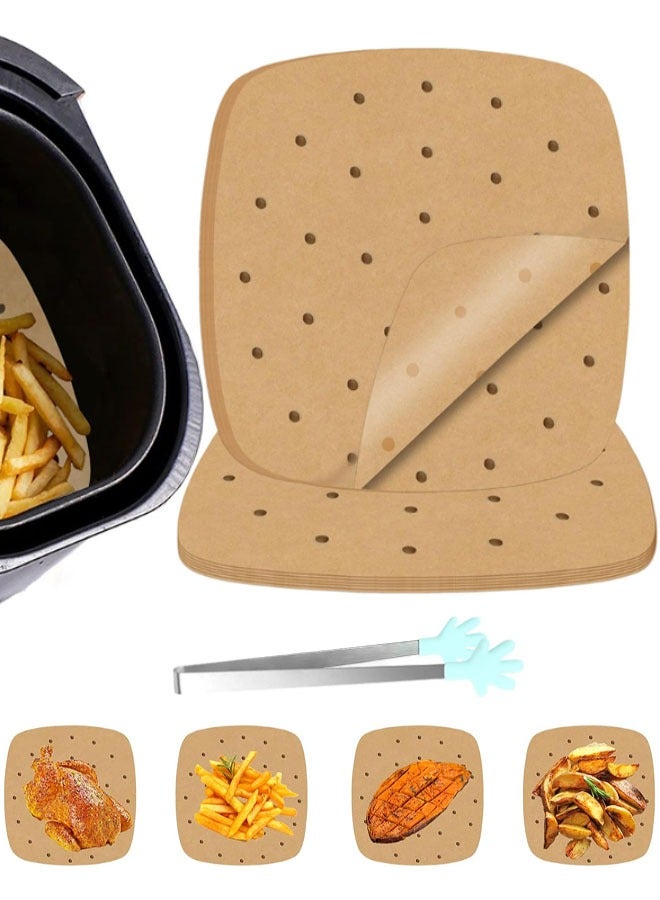 Air Fryer Parchment Paper Liners, 100PCS 8.1 inch  Non-stick Oil-proof Water-proof Air Fryer Liners, Square Perforated parchment paper with 1 Clip for Frying, Baking, Cooking, Roasting - Image 1