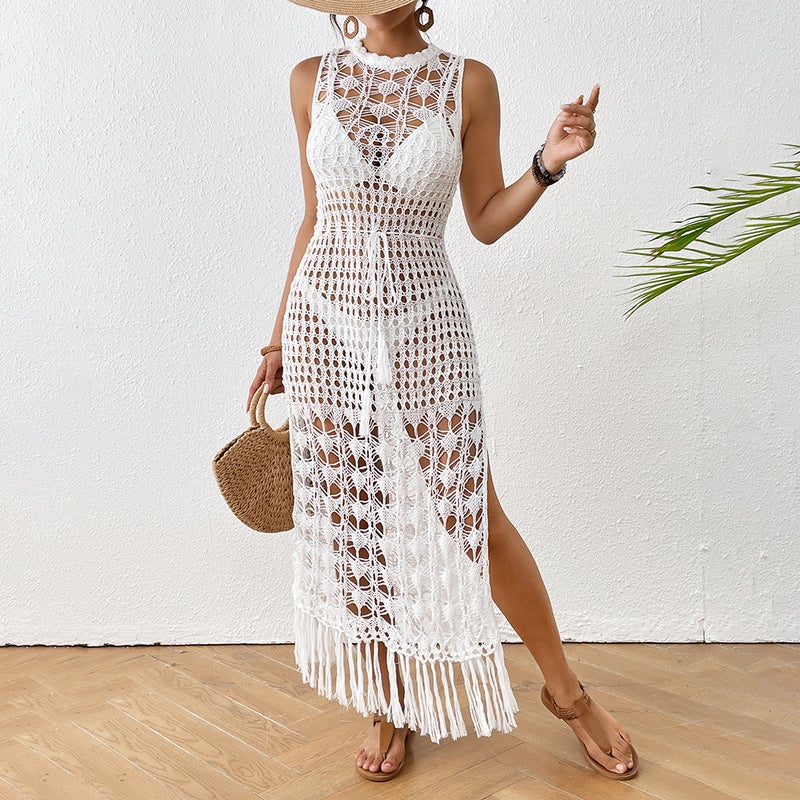 Sale Hollow-Out Floral Beach Dress Tight Waist Strap Tassel Long Dress 2024 Explosion Beach Dress - Image 2