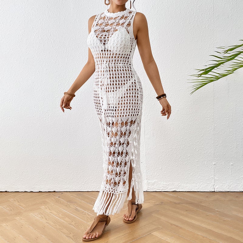 Sale Hollow-Out Floral Beach Dress Tight Waist Strap Tassel Long Dress 2024 Explosion Beach Dress - Image 1