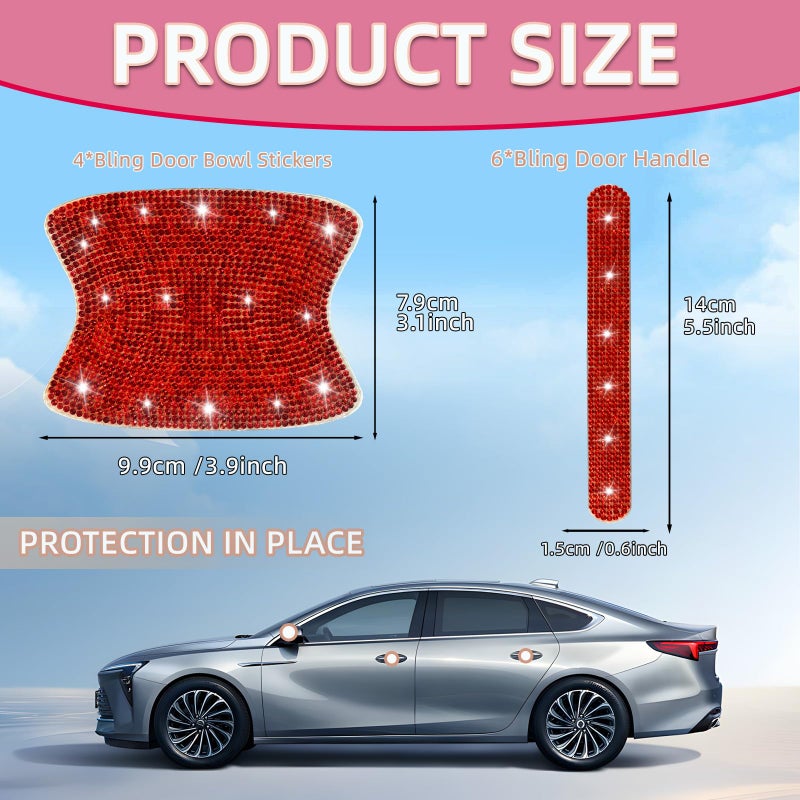 NBTEPEM 10 pcs Bling Diamond Car Door Handle Stickers, Bling Car Accessories for Women, Universal Rhinestone Crystal Glitter Door Handle Protector Stickers and Decals, Scratch Safety Reflective (Red) - Image 3