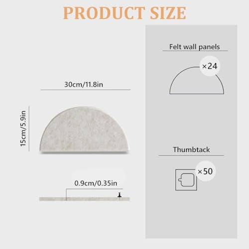 Climberty® 24Pcs Self-Adhesive Felt Bulletin Boards with 50 Push Pins, Semi-Circular Acoustic Wall Panels for Notice, Message & Home Office Decor (Light Camel-Khaki) - Image 2