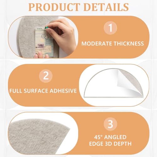 Climberty® 24Pcs Self-Adhesive Felt Bulletin Boards with 50 Push Pins, Semi-Circular Acoustic Wall Panels for Notice, Message & Home Office Decor (Light Camel-Khaki) - Image 3
