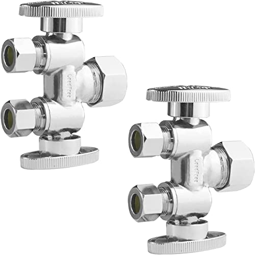 WiseWater 12 NOM 58 OD x 38 OD x 38 OD Compression Dual Shut Off Valve Chrome Plated Brass 14 Turn Double Straight Stop for Refrigerator Ice Maker Coffee Brewers Water Filters 2 Pack - Image 1