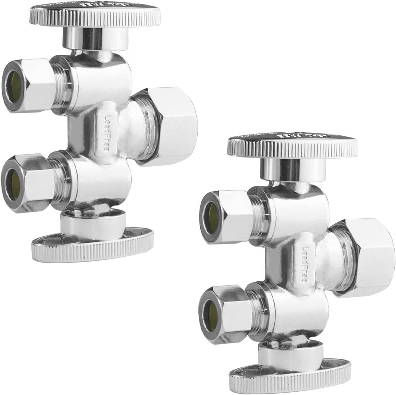 WiseWater 12 NOM 58 OD x 38 OD x 38 OD Compression Dual Shut Off Valve Chrome Plated Brass 14 Turn Double Straight Stop for Refrigerator Ice Maker Coffee Brewers Water Filters 2 Pack - Image 2
