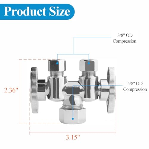 WiseWater 12 NOM 58 OD x 38 OD x 38 OD Compression Dual Shut Off Valve Chrome Plated Brass 14 Turn Double Straight Stop for Refrigerator Ice Maker Coffee Brewers Water Filters 2 Pack - Image 3
