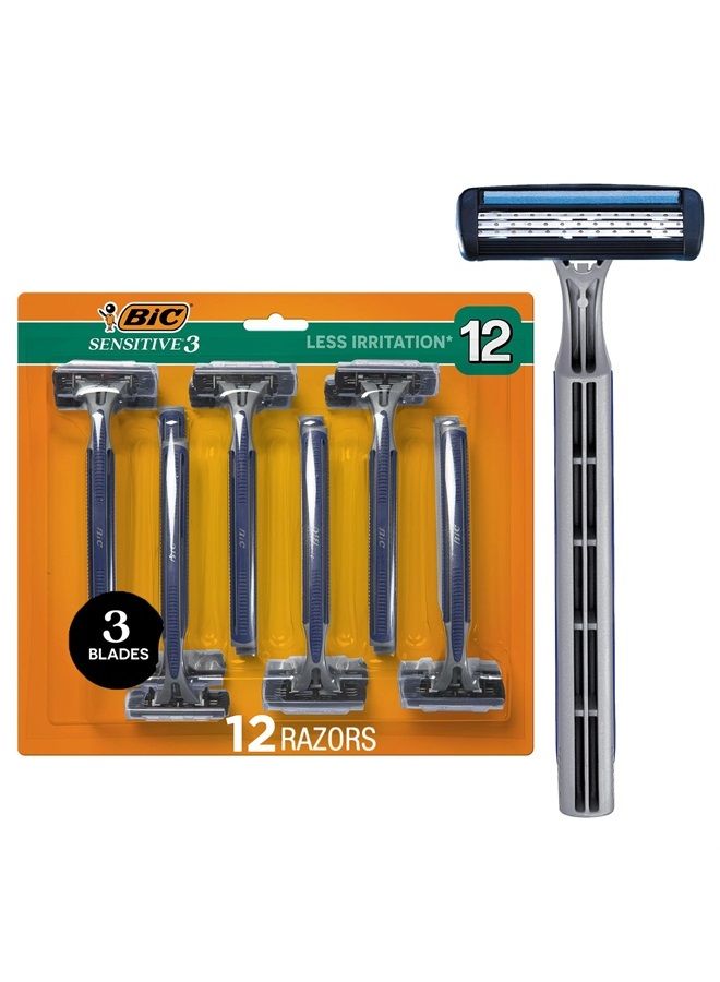 Bic Sensitive 3 Disposable Razors for Men With 3 Blades for Sensitive Skin, 12 Count Value Pack of Shaving Razors - Image 1