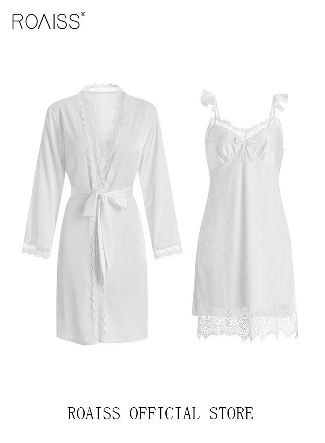 roaiss 2 Piece Nightgown Set Women Sweet Nightdress Lace Lingerie Sleepwear Home Dress Set Romantic Elegant Pajamas Ladies Spring Autumn Robe Loungewear  - Image 1
