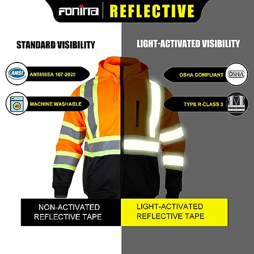 FONIRRA Hi Vis Safety Fleece Zip Hoodie for Men Reflective Sweatshirts ANSI Class 3 Jackets Detachable Hood (Orange,L) - Image 5