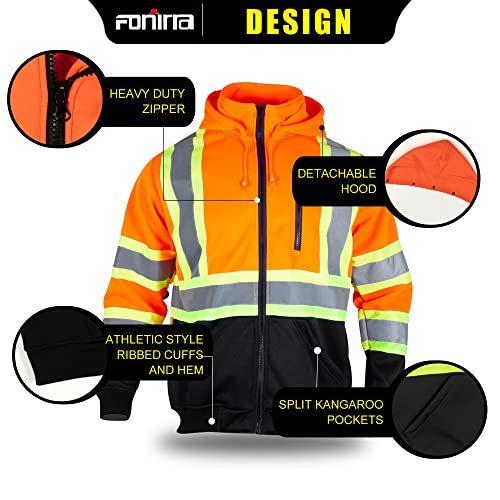 FONIRRA Hi Vis Safety Fleece Zip Hoodie for Men Reflective Sweatshirts ANSI Class 3 Jackets Detachable Hood (Orange,L) - Image 3