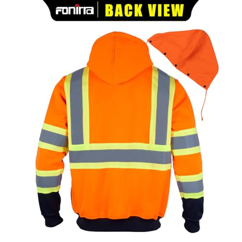 FONIRRA Hi Vis Safety Fleece Zip Hoodie for Men Reflective Sweatshirts ANSI Class 3 Jackets Detachable Hood (Orange,L) - Image 2