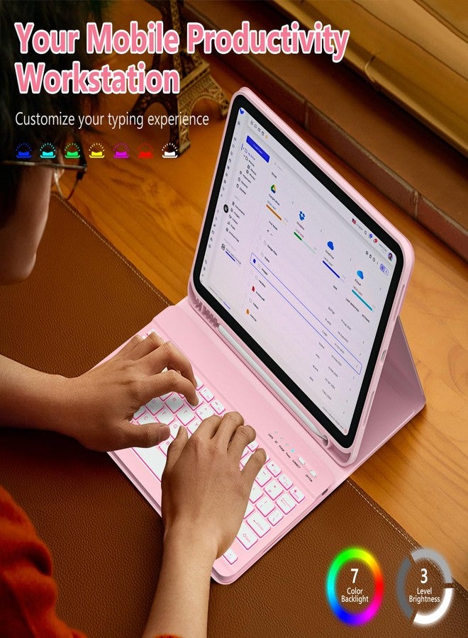 FUWANG for iPad A16 11th 10th Generation Case with Keyboard, Magnetic Detachable 7-Color Backlit Folio Cover Keyboard Case for iPad (A16) 11th 11 inch/10th Gen 10.9 inch with Pencil Holder, Light Pink - Image 5