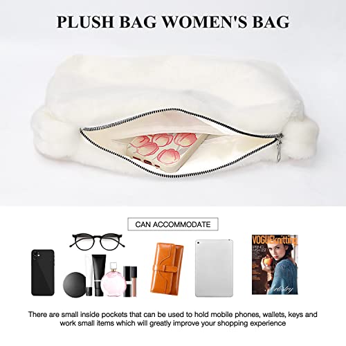 KPX Fuzzy Tote Bag Y2K Fluffy Shoulder Bag Women Furry Purse Large Cute Plush Bag Ladies Faux Fur Bag for Autumn and Winter (White) - Image 3