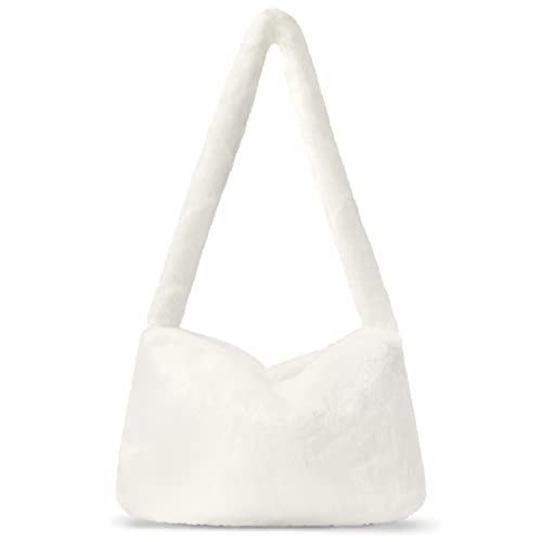 KPX Fuzzy Tote Bag Y2K Fluffy Shoulder Bag Women Furry Purse Large Cute Plush Bag Ladies Faux Fur Bag for Autumn and Winter (White) - Image 1
