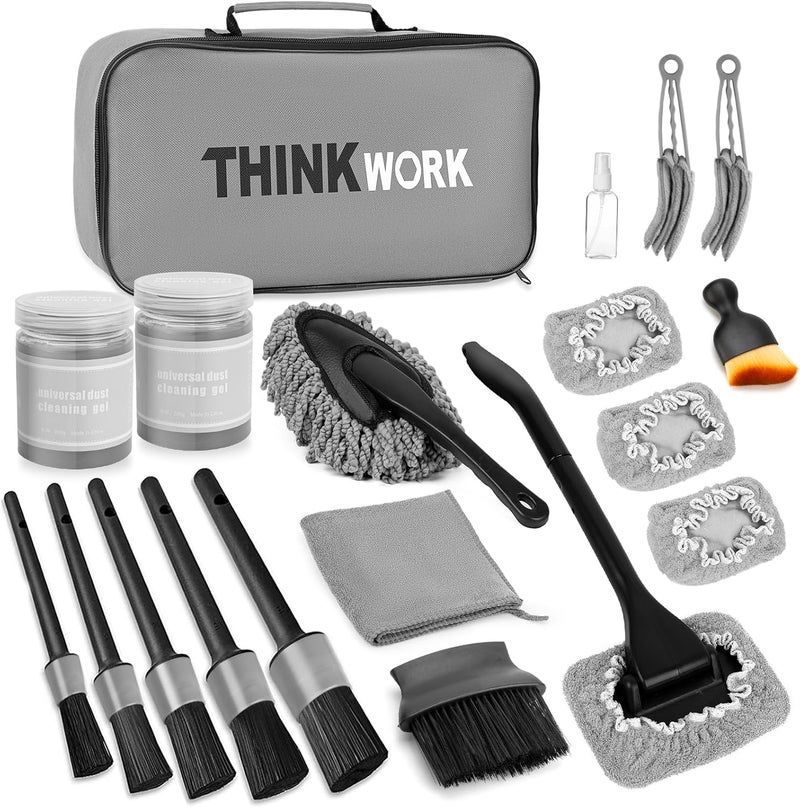 THINKWORK أداة تنظيف لوحة الزجاج من ، مجموعة تنظيف داخلية للسيارة، مجموعة تفاصيل السيارة مع مجموعة فرشاشات تنظيف مكونة من 10 قطع، مستلزمات وإكسسوارات تفاصيل السيارات الرمادية - Image 1