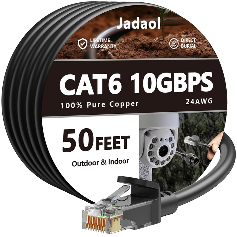 Jadaol Cat6 Outdoor Ethernet Cable 50ft, 24AWG 10Gbps Support Cat8/7 Network, Pure Copper, Direct Burial Waterproof Underground Anti-UV (1Ft 3Ft 5Ft 10Ft 15Ft 20Ft 30Ft 40Ft 50Ft 60Ft 75Ft 100Ft 150ft 200ft) - Image 1