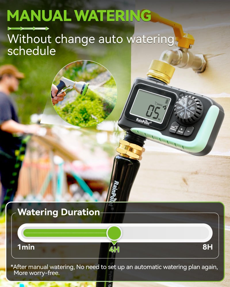 RAINPOINT Sprinkler Timer with Brass Swivel, Programmable Water Timer for Garden Hose with Rain Delay/Manual Watering, Digital Irrigation System Kit for Lawns, 1 Outlet - Image 3