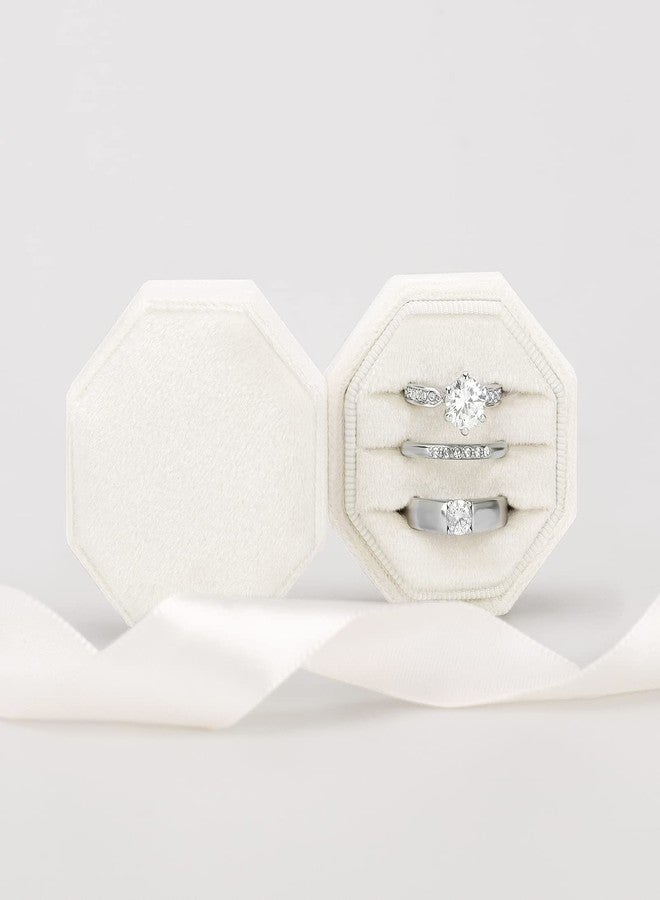 DesignSter Ring Box for Wedding Ceremony Octagon 3 Slots Velvet Ring Box Wedding Ring Box Premium Ring Bearer Boxes for Proposal Engagement (Beige) - Image 3