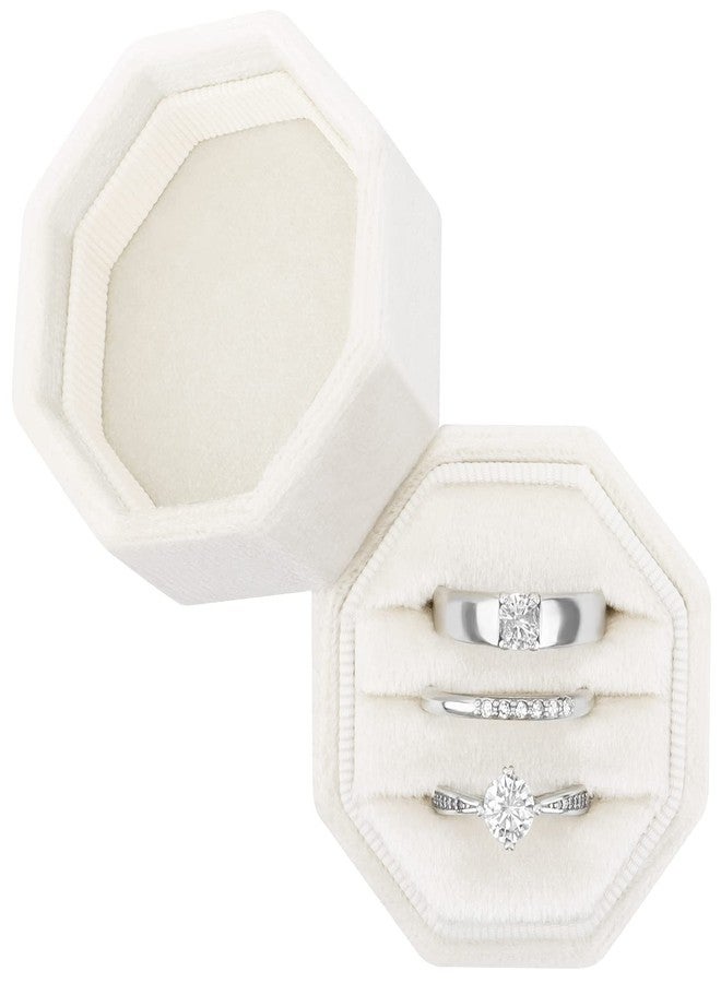 DesignSter Ring Box for Wedding Ceremony Octagon 3 Slots Velvet Ring Box Wedding Ring Box Premium Ring Bearer Boxes for Proposal Engagement (Beige) - Image 1