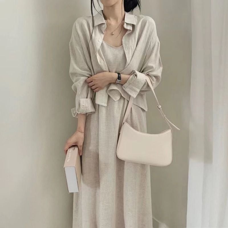 Korean Chic Vintage Dress  Shirt Set for Women Brown Shirt - Image 5