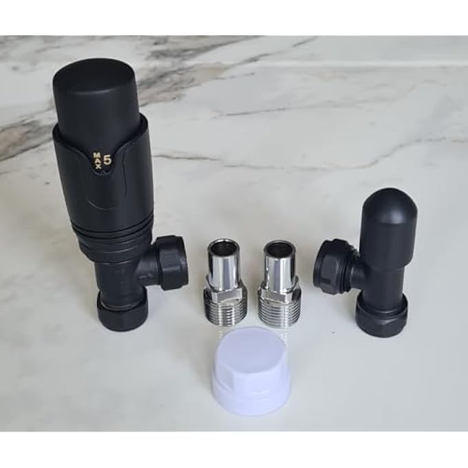 TEAM CONTROLS MATT BLACK ANGLED TOWEL RAIL THERMOSTATIC RADIATOR VALVES TRV & LOCKSHIELD PACK SET PAIR TC-TRVAB, 15MM X 1/2'' - Image 3