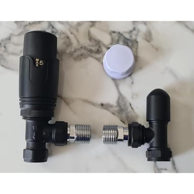 TEAM CONTROLS MATT BLACK ANGLED TOWEL RAIL THERMOSTATIC RADIATOR VALVES TRV & LOCKSHIELD PACK SET PAIR TC-TRVAB, 15MM X 1/2'' - Image 2