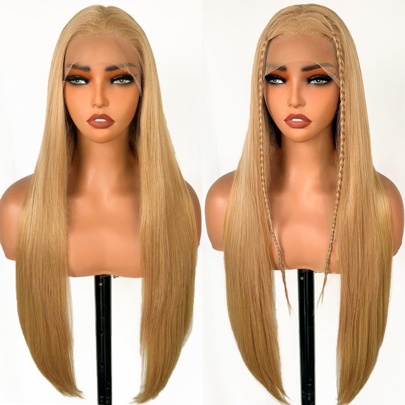 SOKU 13x6 Strawberry Honey Blonde Lace Front Wigs32 Inch Long Straight Synthetic Hair with Pre Plucked HairlineFree Part Silky Straight Glueless Lace Frontal Wig for Women Beginner Friendly