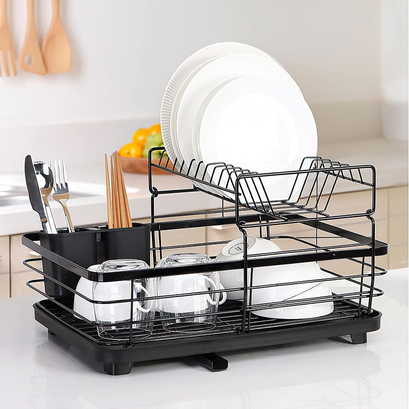 Rness Dish Drying Stand Over Sink, 2 Tier Large Capacity Organizer Rack for Kitchen with Utensil Holder, Plate Stand Holder, Countertop, Antibacterial, Black - Image 1