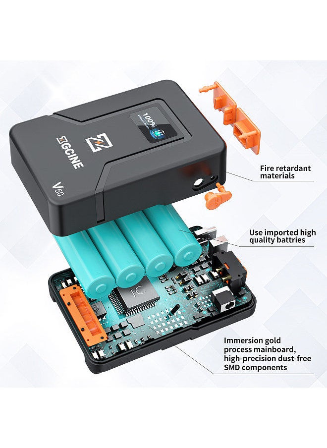 ZGCINE ZG-V50 Portable V-Lock Battery 3400mAh 14.8V 50Wh Large Capacity V-Mount Battery with D-Tap USB-C BP Input & Output USB-A DC Outputs
