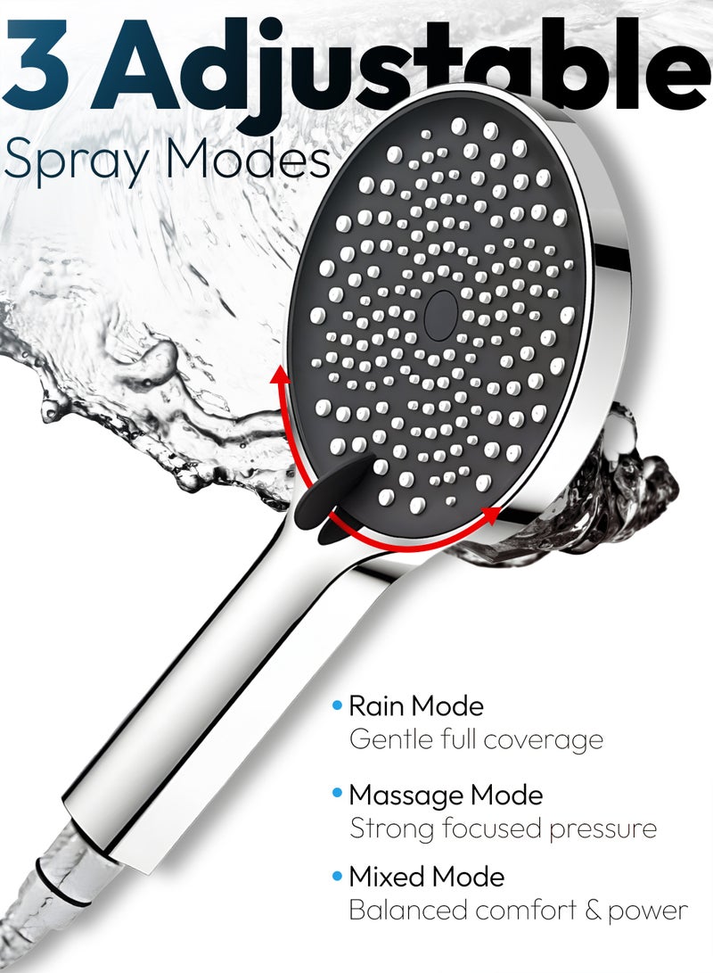 ABJ Handheld Shower Head Set – 5.2-Inch Showerhead with 3 Spray Modes, 60-Inch Stainless Steel Hose & Wall-Mounted Holder (Shower Set) - Image 3