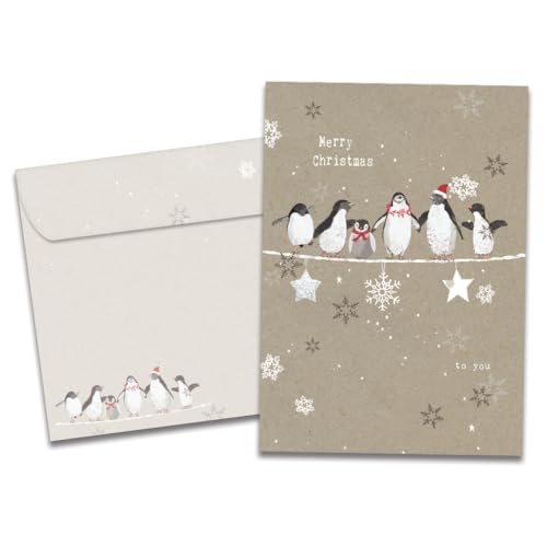 Tree-Free Greetings TreeFree Greetings Holiday Greeting Cards Penguin Merry Christmas Vintage Brown Recycled Paper Boxed Note Card Set 10Pack HB93309 - Image 1