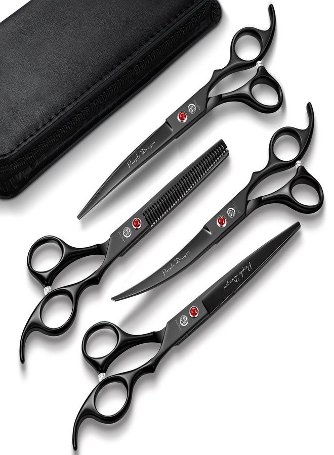 Purple Dragon Dog Grooming Scissors Set - 7 inch Black Pet Scissors Kit - Image 1