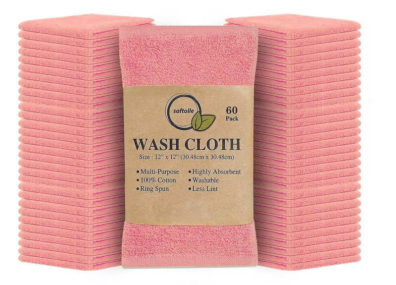 Softolle 100 Cotton Ring Spun Wash Cloths  Bulk Pack of Washcloths  12x12 Inches  Wash Cloth for Face Highly Absorbent Soft and Face Towels Pink 24 Pack