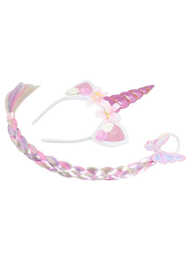 فافيلا عصابة رأس يونيكورن معدنية مع شعر ملون/عصابة شعر يونيكورن مع شعر قوس قزح/دعامة حفلة يونيكورن/عصابة شعر يونيكورن معدنية مع ضفيرة متعددة الألوان (وردي) - Image 4