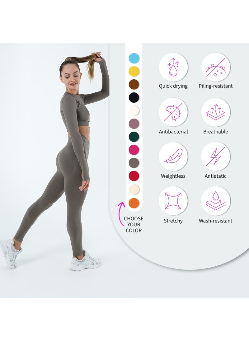 Bernessi Turkiye Nylon Long Sleeve Crop Top with Round Neck Women's Cropped T Shirt for Workout Yoga Running Exercise Textured Grey Monsoon  - Image 5